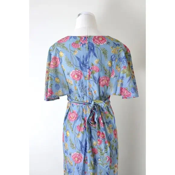 Vintage 1970s Prairie Floral Maxi Dress Flutter Sleeve Empire Waist Tie Blue - Picture 10 of 12